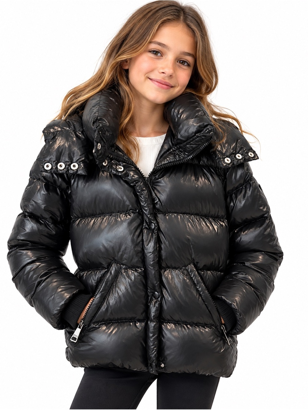 SAM. Girls Elsa Caviar Black Glossy Down Puffer Jacket Luxe Après Ski